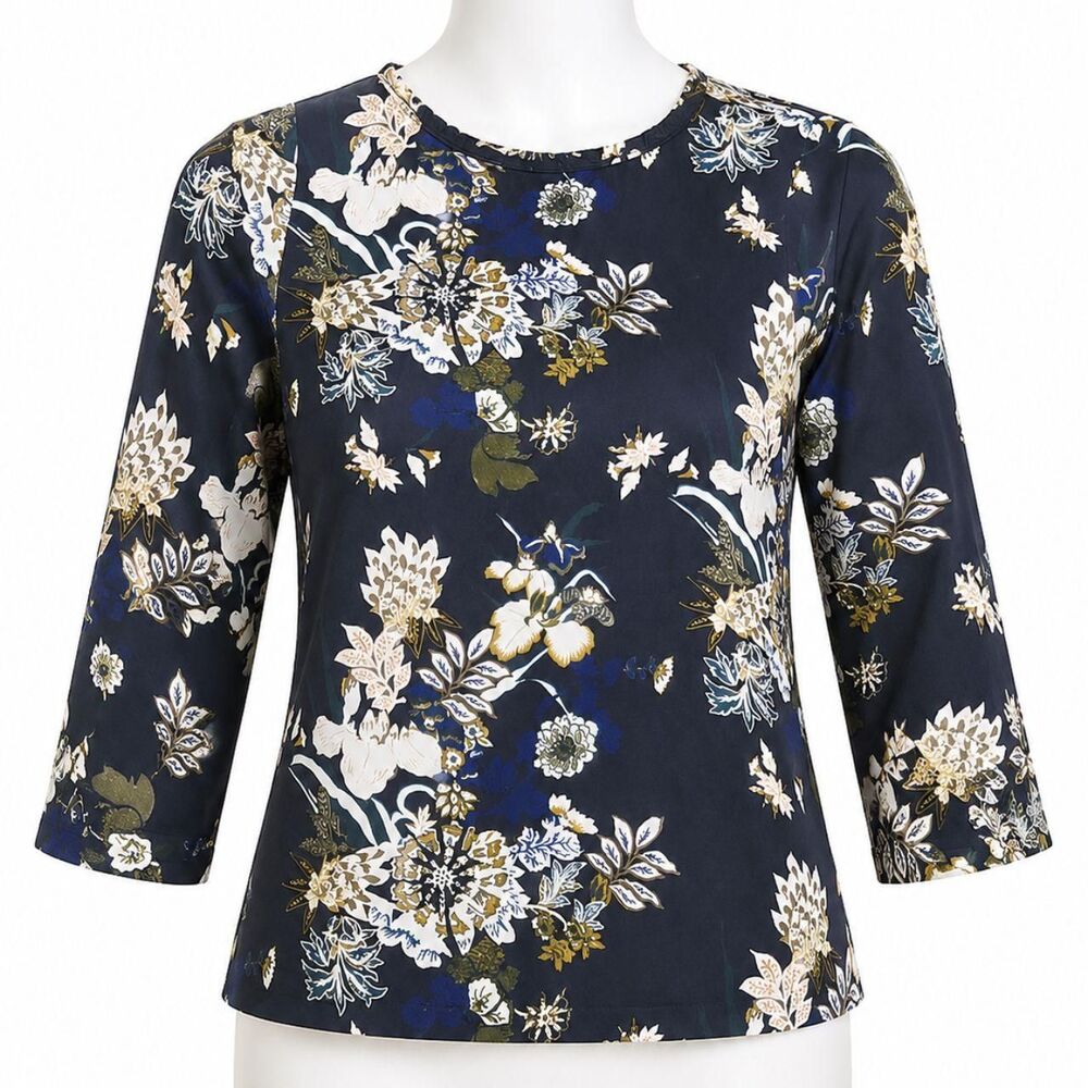 Calson‎ Floral Bell Sleeve Blouse Womens Medium Navy Blue Excellent Keyhole Back